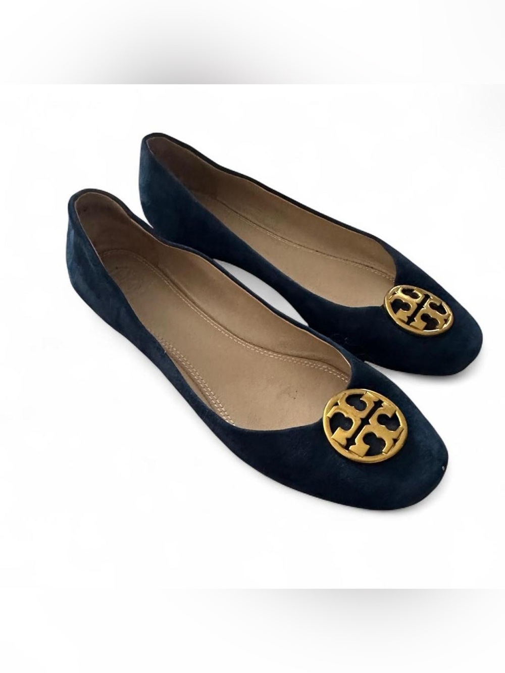 Tory Burch navy blue suede ballet flats with gold logo